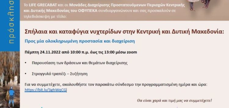 Διαδικτυακή εκδήλωση «Σπήλαια & καταφύγια νυχτερίδων στην Κεντρική & Δυτική Μακεδονία: Προς μία ολοκληρωμένη προστασία & διαχείριση»